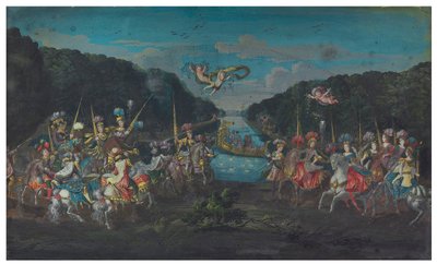Dos hojas de abanico: El pomposo carrusel de las amazonas galantes de las cuatro partes del mundo; y Procesión saliendo de un templo acompañada por putti, segunda mitad del siglo XVII de French School