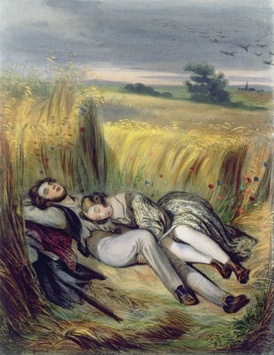 Dos amantes acostados en un campo de maíz de French School