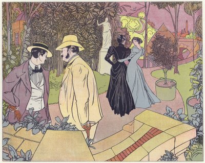 Dos hombres conversando mientras dos mujeres caminan en un jardín de French School