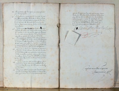 Dos páginas de los estatutos de la Academia Francesa, 1635 de French School