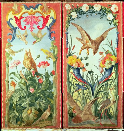 Dos paneles de alfombra convertidos en un biombo, que representan pájaros, flores y frutas, Taller de Savonnerie de French School