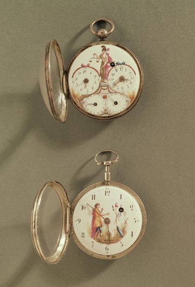 Dos relojes de bolsillo decorados con símbolos revolucionarios (metal y esmalte) de French School