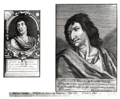 Dos retratos de Savinien Cyrano de Bergerac (1619-55), a la derecha después de Zacharie Heince (1611-69) de French School