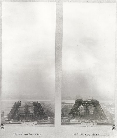 Dos vistas de la construcción de la Torre Eiffel, París, 12 de diciembre de 1887 y 15 de marzo de 1888 de French School