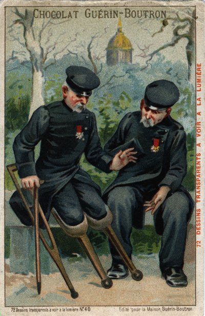 Dos inválidos de guerra: un muñón hablando con un pingüino. Cromolitografía del siglo XIX de French School