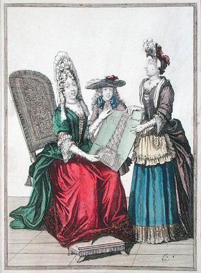 Dos mujeres y un niño admirando una impresión del Gran Faro de Alejandría, finales del siglo XVII de French School