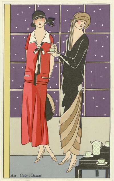 Dos mujeres tomando té y vestidas con diseños de Jean Patou y Beer, de Art-Goût-Beauté pub. 1924 de French School