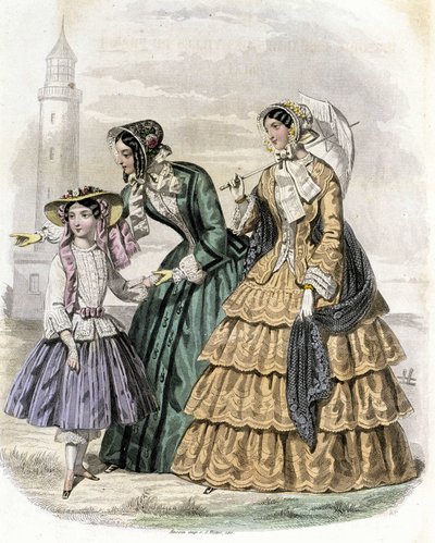 Dos mujeres con una niña en el campo - en “Journal des Demoiselles” 1852 de French School
