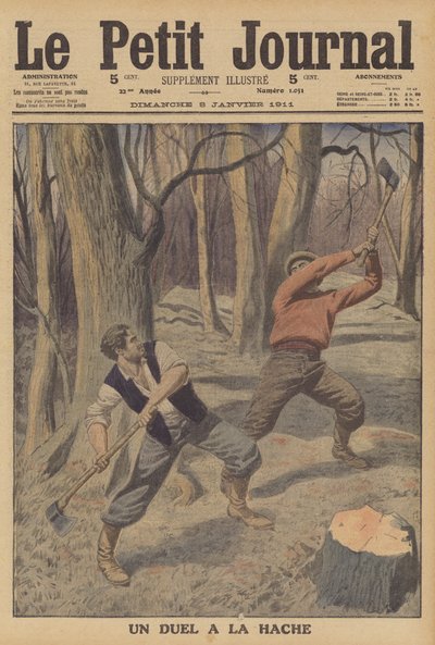 Dos leñadores peleando con hachas de French School