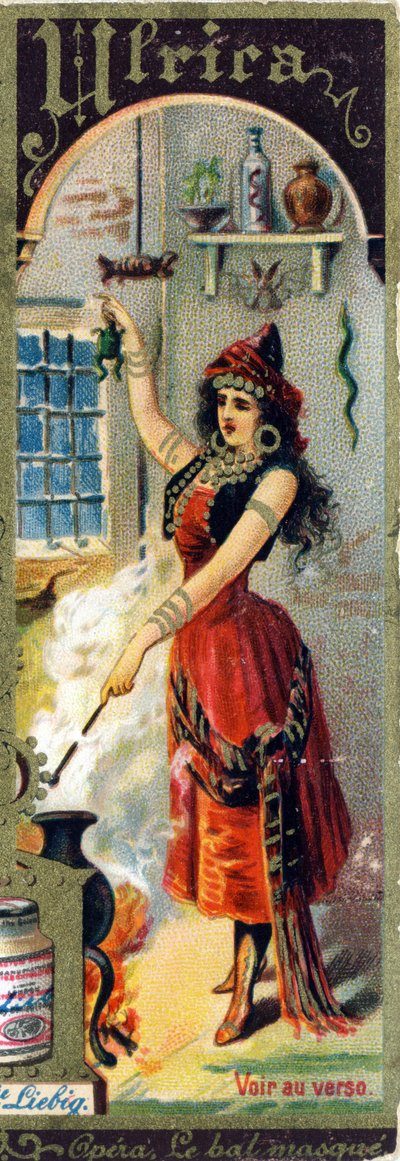 Ulrica en la ópera "Un baile de máscaras" de Giuseppe Verdi creada en 1859. Alfabeto de nombres femeninos sobre el tema: trajes femeninos y óperas. Cromolitografía publicitaria de Liebig de French School