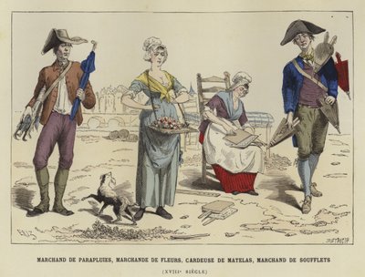 Vendedor de paraguas, vendedora de flores, cardador y vendedor de fuelles, siglo XVIII de French School
