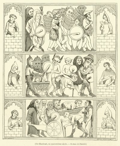 Un Charivari, au quatorzieme siecle, Roman de Fauvel (grabado) de French School