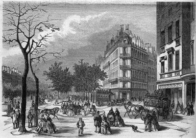 Uno de los primeros "refugios" para peatones que cruzan los bulevares en París establecido entre el bulevar de los Capuchinos y el bulevar de la Madeleine. de French School