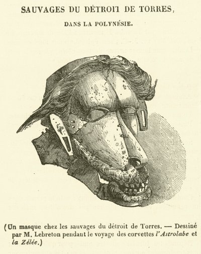 Una máscara entre los salvajes del Estrecho de Torres (grabado) de French School