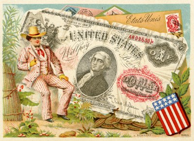 Tío Sam sentado junto a un billete de un dólar, de una serie de tarjetas promocionales sobre monedas en diferentes países, publicada en París por Bognard para uso de grandes almacenes y fabricantes, 1886-9 de French School