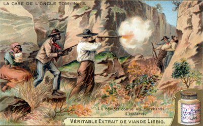 La caja del tío Tom: la lucha contra los mercaderes de esclavos. Basado en la novela de Harriet Beecher Stowe (1811-1896). Cromolitografía Liebig. de French School