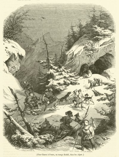 Una caza de osos, en tiempos feudales, en los Alpes de French School