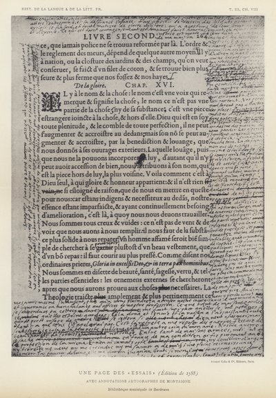 Una página de los Ensayos, edición de 1588, con anotaciones autógrafas de Montaigne de French School