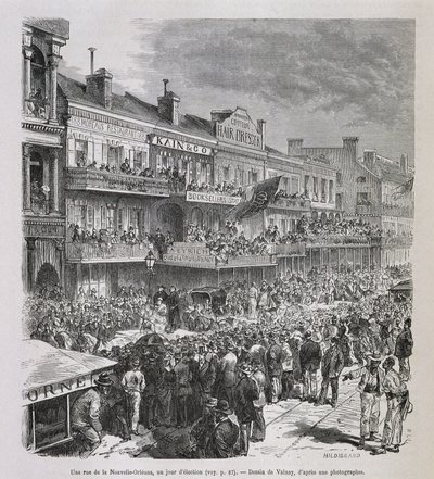 Una calle de Nueva Orleans en el día de las elecciones 1875 - en "Le Tour du Monde", 2º semestre 1876 de French School