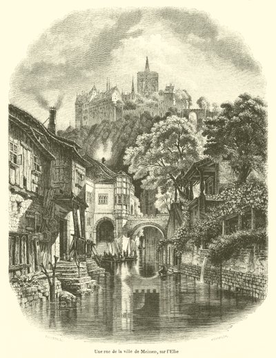 Una calle de la ciudad de Meissen, sobre el Elba de French School