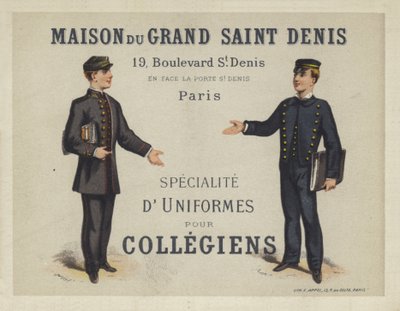 Uniformes para colegiales franceses, anuncio de Maison du Grand Saint Dennis de French School