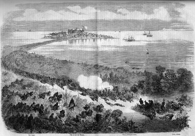 Unidad de Italia - Expedición de los Mil o Camisas Rojas - Batalla de Milazzo (Sicilia), 20 de julio de 1860: vista de la ciudad y el fuerte de Milazzo desde las Islas Eolias durante la batalla entre los Mil de Giuseppe Garibaldi y el ejército de Francisco de French School