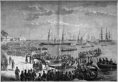 Unificación de Italia - Expedición de los Mil o Camisas Rojas - Evacuación de Milazzo (Sicilia), julio de 1860: El General Bosco y las tropas napolitanas de Francisco II abandonaron la Ciudadela de Milazzo tras su derrota contra los Mil de Giuseppe Garibal de French School