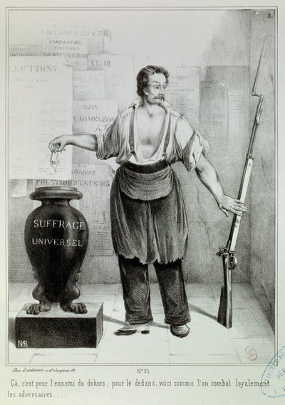 Sufragio universal "el voto o el rifle". El voto debe luchar contra el enemigo en lugar del rifle. Grabado por M.L. Bosredon, abril de 1848. París, Museo Carnavalet de French School