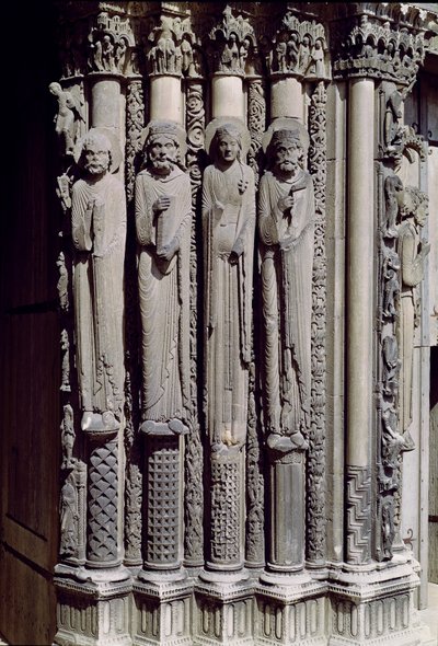 Figura desconocida, Rey Salomón, la Reina de Saba y el Rey David, figuras de jamba del Portal Real, 1140-55 de French School