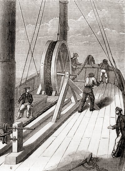 Desenrollando el cable submarino de Dover a Calais a bordo del Blazer, 25 de diciembre de 1851, de Les Merveilles de la Science, publicado c.1870 (grabado) de French School