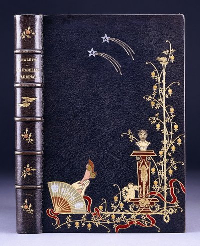 Cubierta superior del libro de dos estrellas fugaces, una antorcha, follaje, fauno en pedestal, putto y una pierna detrás de un abanico, 1893 de French School