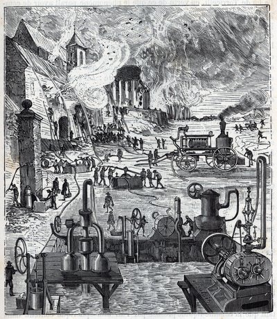 Uso de varios sistemas de bombas en un incendio en el siglo XIX - Grabado en “Ciencias llevadas a la casa de todos - física y química” por Alexis Clerc - Finales del siglo XIX. Colección privada. de French School