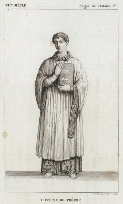 VI Siglo, Reinado de Clotario I, Traje de Sacerdote (grabado) de French School