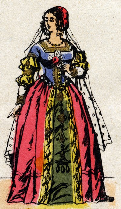Dinastía de Valois: Retrato de Leonor de Habsburgo o Austria (1498-1558) Reina de Francia, esposa de Francisco I (1494-1547). Imagen de Epinal de finales del siglo XIX. Colección privada. de French School