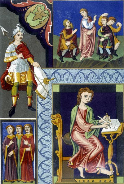 Varios trajes del siglo IX. Ilustración tomada de "Francia en el siglo IX". de French School
