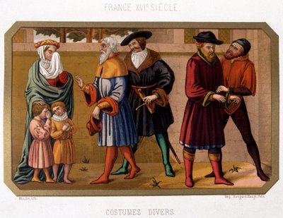 Varios trajes de la burguesía en el siglo XVI - cromolitografía. Siglo XIX basada en documento de época de French School