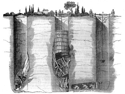 Hechos diversos: corte del pozo y los pozos de rescate utilizados para liberar a un trabajador atrapado después de un deslizamiento de tierra durante varios días, Champvert, cerca de Lyon. En "La tienda pintoresca" 1836 de French School