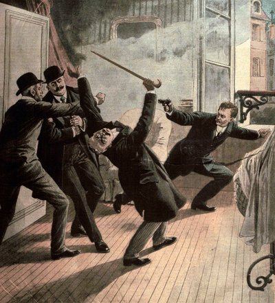 Hechos diversos: el anarquista Jules Bonnot, líder de la Banda Bonnot, asesinó a Louis Jouins 1912 (grabado) de French School