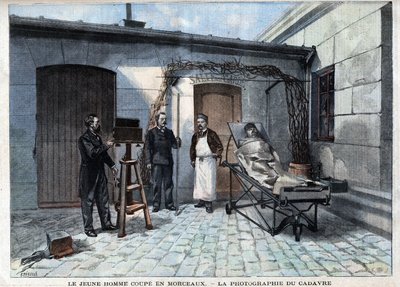 Hechos diversos: la fotografía del cadáver cortado en pedazos por el servicio de Alphonse Bertillon (1853-1914), un científico francés, creador de la antropometría. - en "Le Petit Parisien" de French School