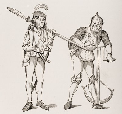 Escudero llevando una alabarda de hoja gruesa y un arquero tensando la cuerda de una ballesta con un cabrestante de doble mano, después de una miniatura del siglo XV, de Le Moyen Age et La Renaissance de Paul Lacroix de French School