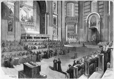Concilio Vaticano I (1869-1870): Primera reunión celebrada el 9 de diciembre de 1869 en la parte derecha del transepto de la Iglesia de San Pedro en Roma. Grabado en "Le Monde Illustré" n°663 del 25 de diciembre de 1869 de French School