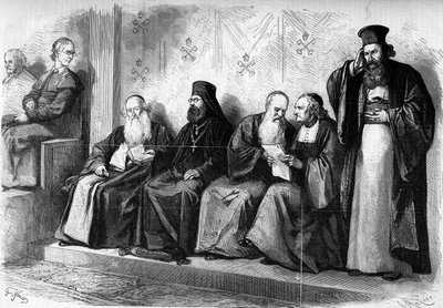 Concilio Vaticano I (1869-1870): patriarcas y archimandritas durante la audiencia presinodal en la Capilla Sixtina de Roma. Diciembre de 1869. Grabado en "Le Monde Illustré" n°662 del 19 de diciembre de 1869. de French School