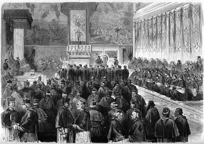 Concilio Vaticano I (1869-1870): audiencia prosinodal en la Capilla Sixtina de Roma. El Papa Pío IX (1792-1878) recibió el juramento de secreto de los mariscales y los oficiales del Concilio. Diciembre de 1869. Grabado en “Le Monde Illustré” n°662 del 19 d de French School