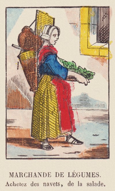 Vendedora de verduras. Comprar nabos, ensalada., hacia 1819 (impresión) de French School