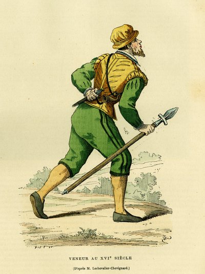 Traje de Veneur, encargado de la caza de perros comunes, en el siglo XVII. Grabado en color según un dibujo de Lechevaller-Chevignard, en "France et les francais a travers les centuries" de Augustin Challamel, F.Roy editor, París 1882. Colección Selva. de French School