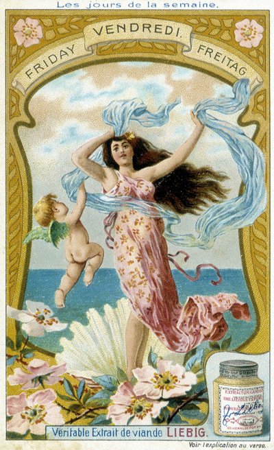 Venus ilustra el viernes. Tarjeta publicitaria cromolitográfica de Liebig de French School