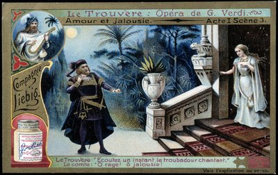 Trouvère de Verdi: acto I sc. 3 - Cromolitografía Liebig, v.1900 de French School