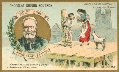 Victor Hugo, autor francés, y una escena de su novela Notre Dame de París de French School