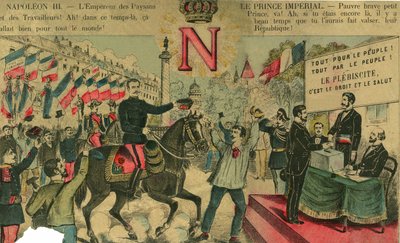 Víctor Napoleón (1862-1926) al frente de los partidarios bonapartistas, el último heredero de Napoleón I tuvo que exiliarse tras una ley aprobada por la Tercera República en 1886. Grabado en “Le Figaro, suplemento”, el 30/03/1889, París. de French School