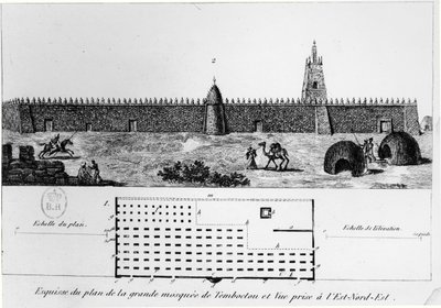 Vista y plano de la gran mezquita en Tombuctú, de Diario de un viaje a Tombuctú por René Caillié, 1830 de French School